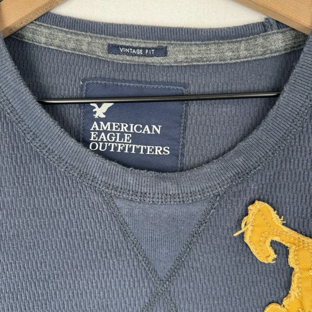 American Eagle Shirt Mens XL Blue Thermal Crewneck Vintage Fit Y2K Pullover‎